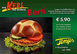 Kerl des Monats Juni 2026 - Berti - Laugen-Fussballbrötchen mit Original Thüringer-Bratwurst-Schnitte
