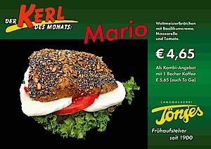 Kerl des Monats - Juli 2026 - Mario - Weltmeisterbrötchen mit Basilikumcreme, Mozzarella, Tomate und Lollo Bionda